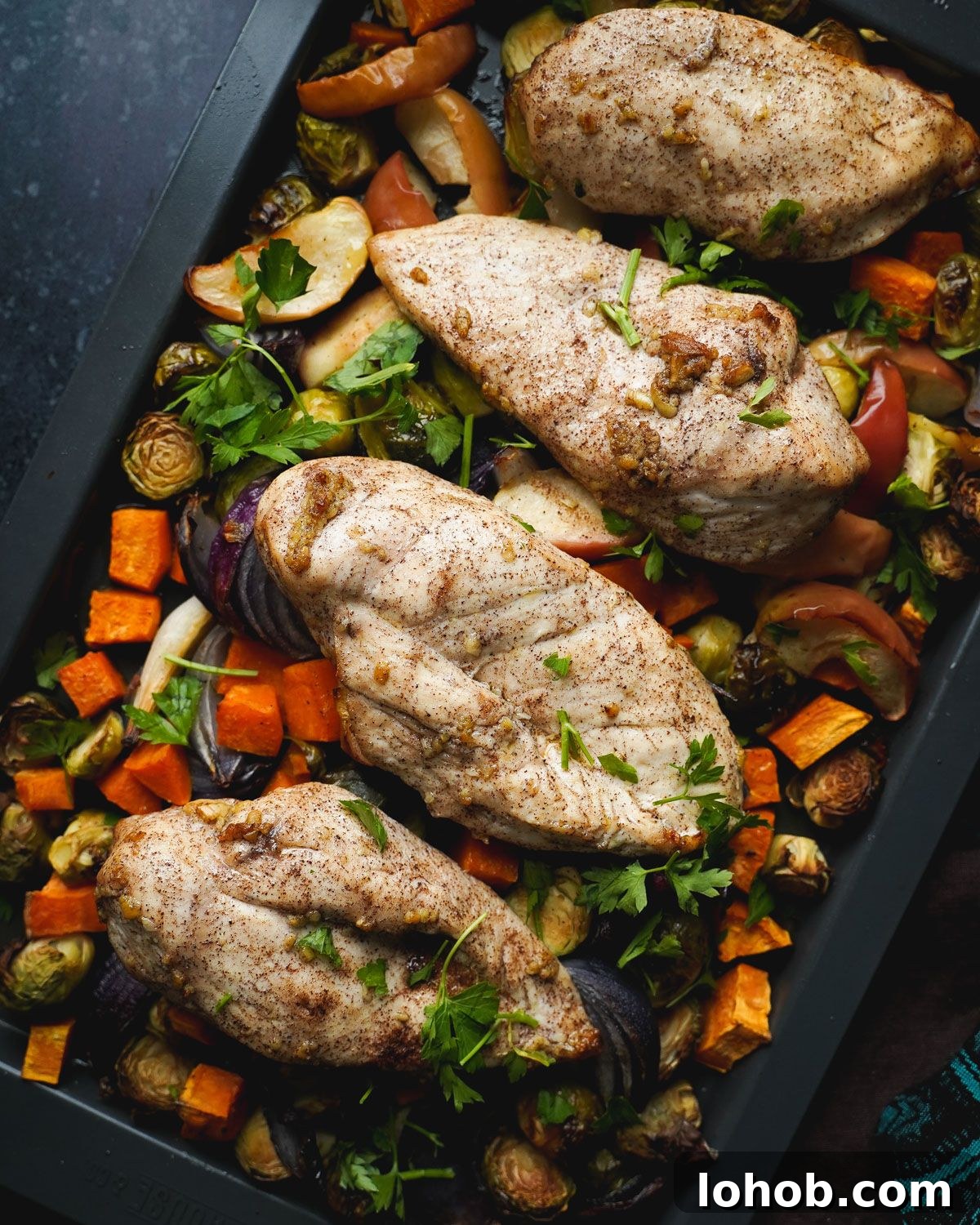 Sheet Pan Chicken with Sweet Potatoes, Apples, and Brussels Sprouts