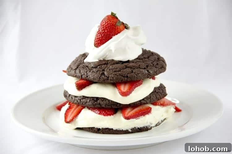 Chocolate Strawberry Shortcake with Amaretto Cream Recipe 3 Chocolate Strawberry Shortcake on white plate
