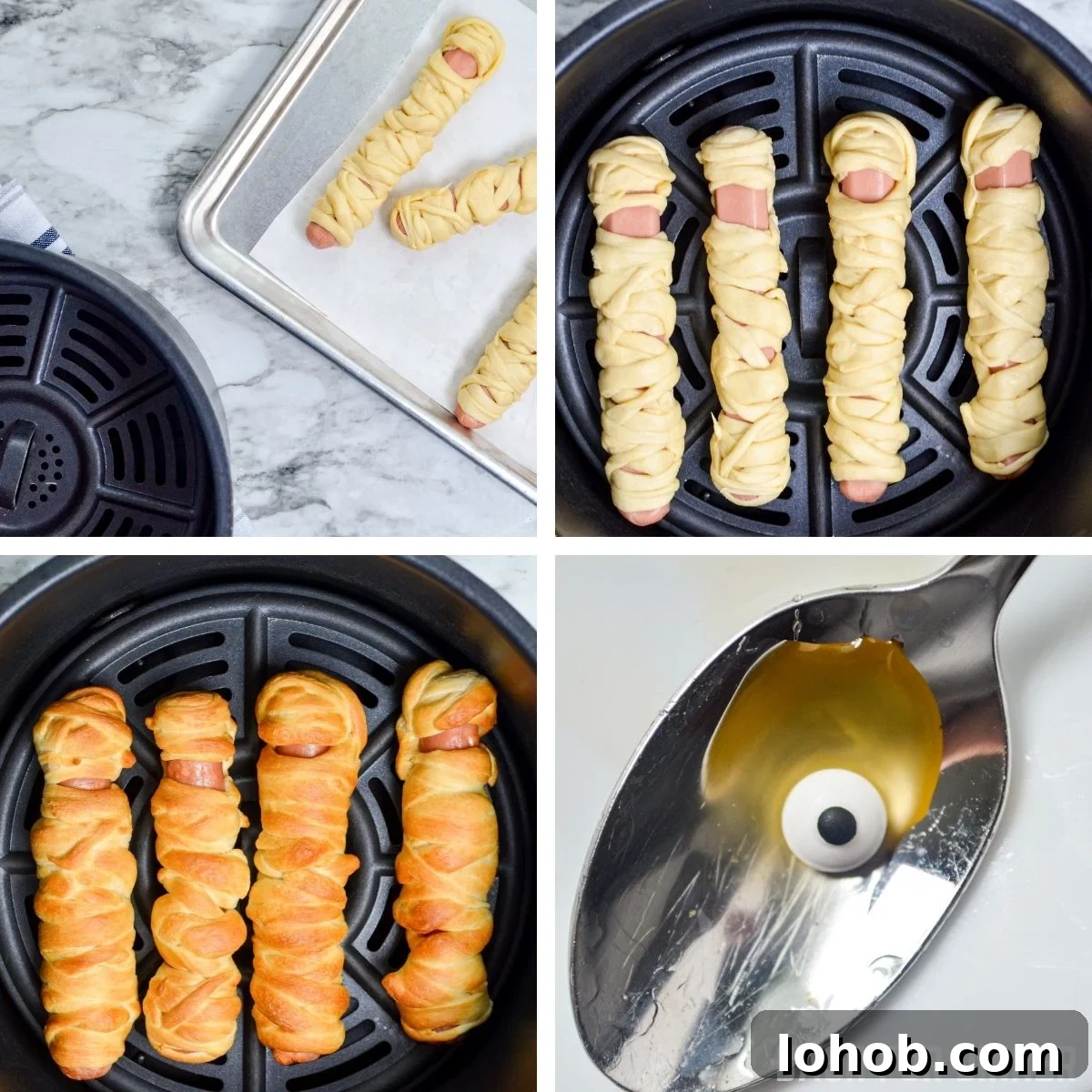 Crispy Mummy Hot Dogs for Halloween – Air Fryer & Oven Guide 7 How to make Mummy dogs in the Air Fryer.