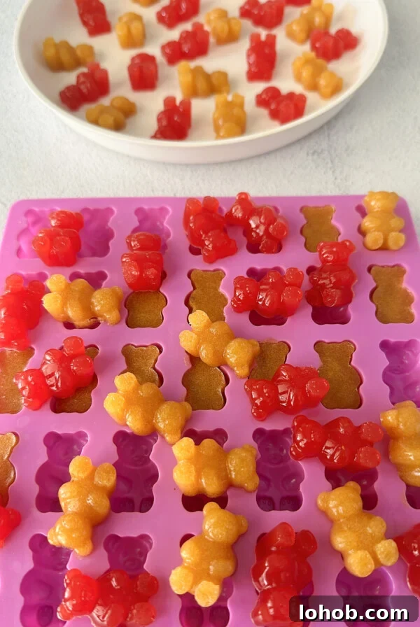 Homemade peach and watermelon gummy bears.