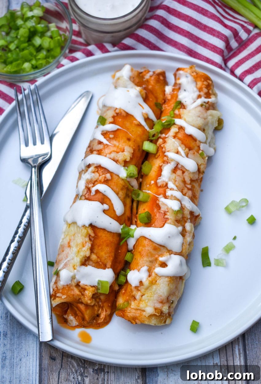 Buffalo Chicken Enchiladas with Creamy Ranch Sauce 2 two buffalo chicken enchiladas topped with a drizzle of ranch dressing and sliced green onions on a white plate