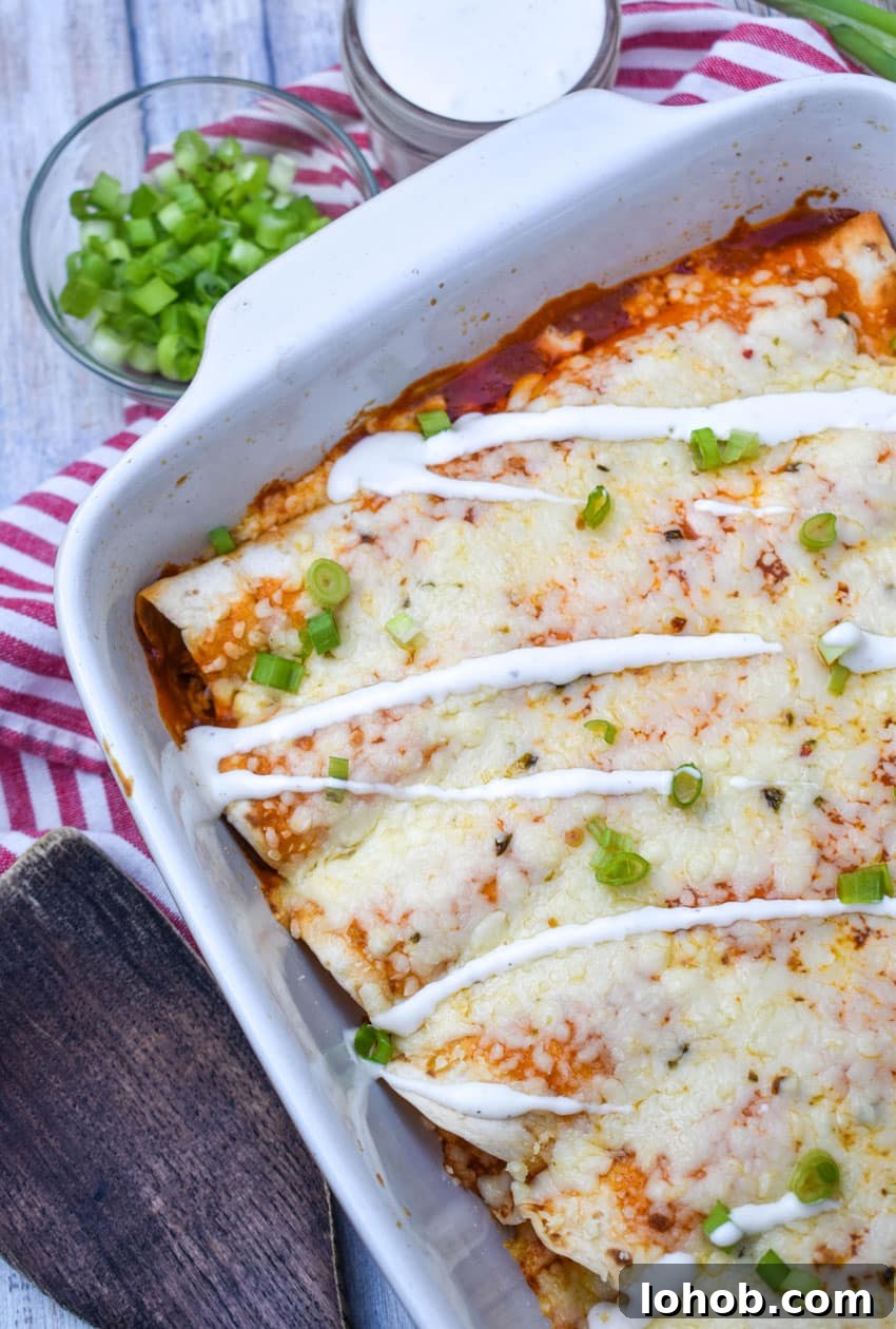 Buffalo Chicken Enchiladas with Creamy Ranch Sauce 3 buffalo chicken enchiladas in a white baking dish