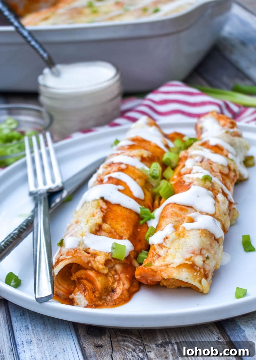 Buffalo Chicken Enchiladas with Creamy Ranch Sauce 6 two buffalo chicken enchiladas topped with a drizzle of ranch dressing and sliced green onions on a white plate