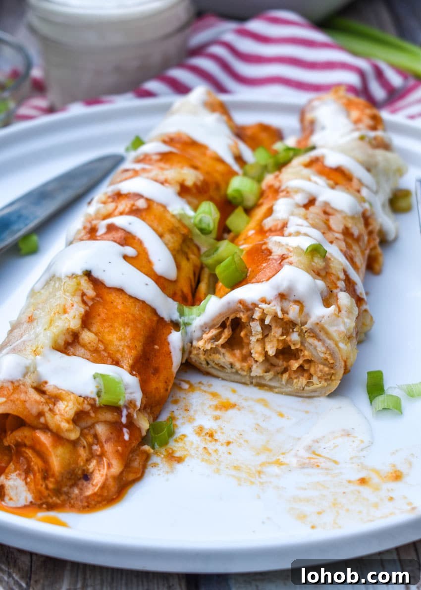 Buffalo Chicken Enchiladas with Creamy Ranch Sauce 7 two buffalo chicken enchiladas topped with a drizzle of ranch dressing and sliced green onions on a white plate