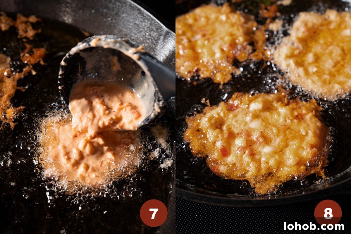 Crispy Bacalaitos: Authentic Puerto Rican Codfish Fritters 6 A ladle scoops some of the bacalaitos batter into the hot pan for frying.