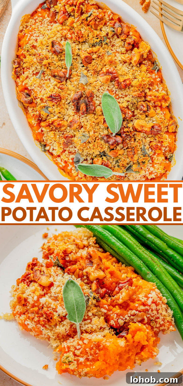 Baked sweet potato casserole topped with crumbly pecan crust and garnished with sage leaves, served alongside green beans on a white plate.