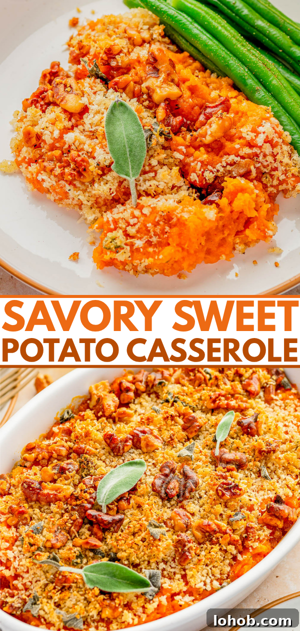 Baked sweet potato casserole topped with breadcrumbs, pecans, and sage leaves, served with green beans on the side.
