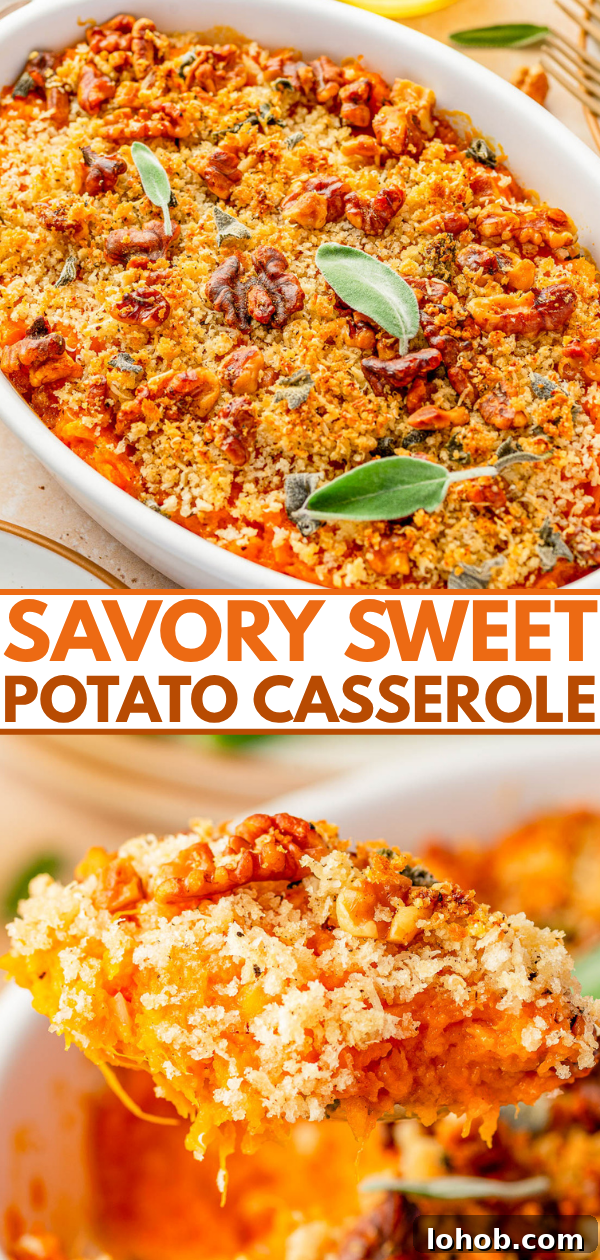 A baked sweet potato casserole topped with a golden breadcrumb and pecan crust, garnished with fresh sage leaves, with a serving spoon lifting out a portion.