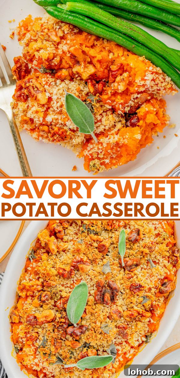 A baked sweet potato casserole topped with a crumbly pecan and breadcrumb crust, garnished with sage leaves, served with green beans on the side.