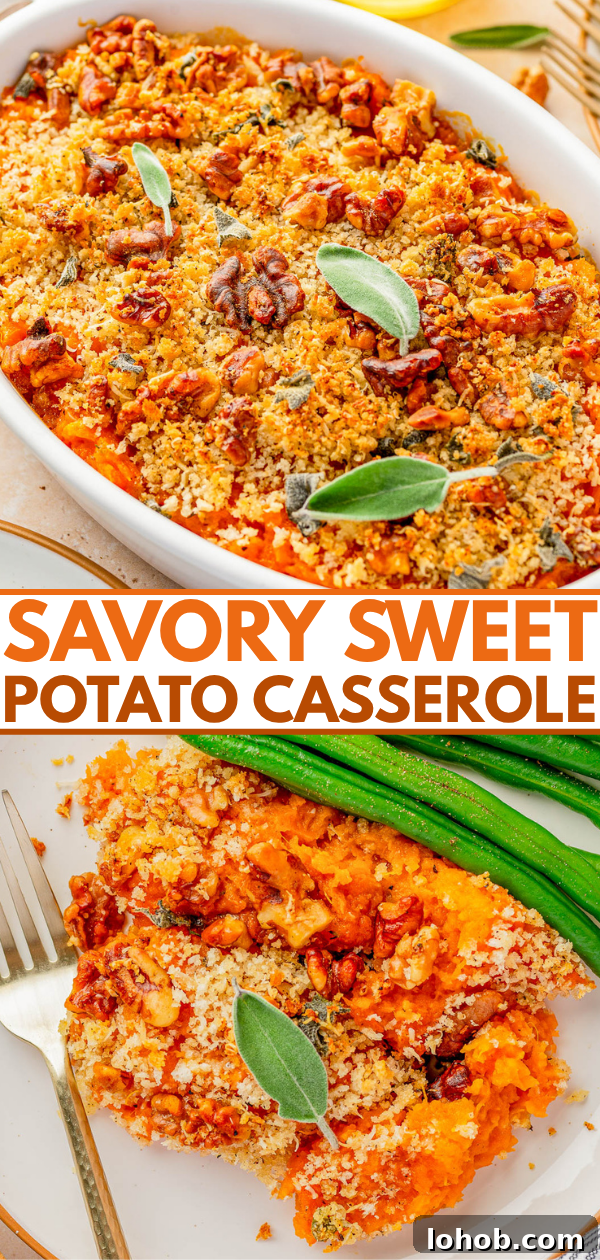 A baked sweet potato casserole topped with breadcrumbs, pecans, and sage leaves, shown whole in a dish and served on a plate with green beans.