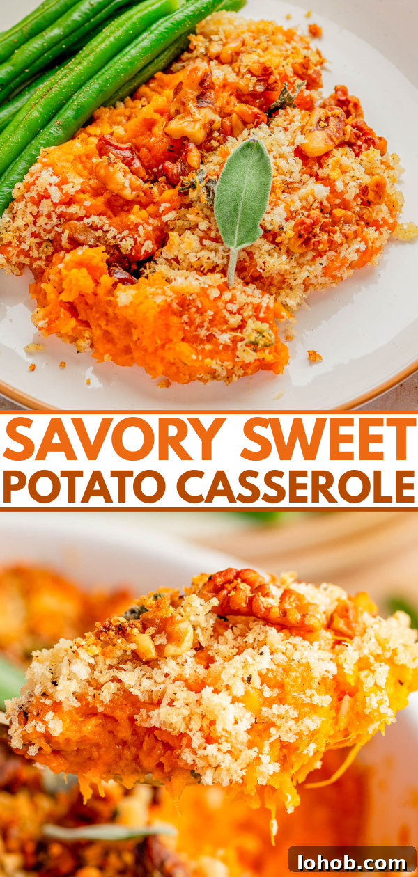 A plate of savory sweet potato casserole topped with breadcrumbs and a sage leaf, served with green beans. Close-up of a spoonful of the casserole is also shown.