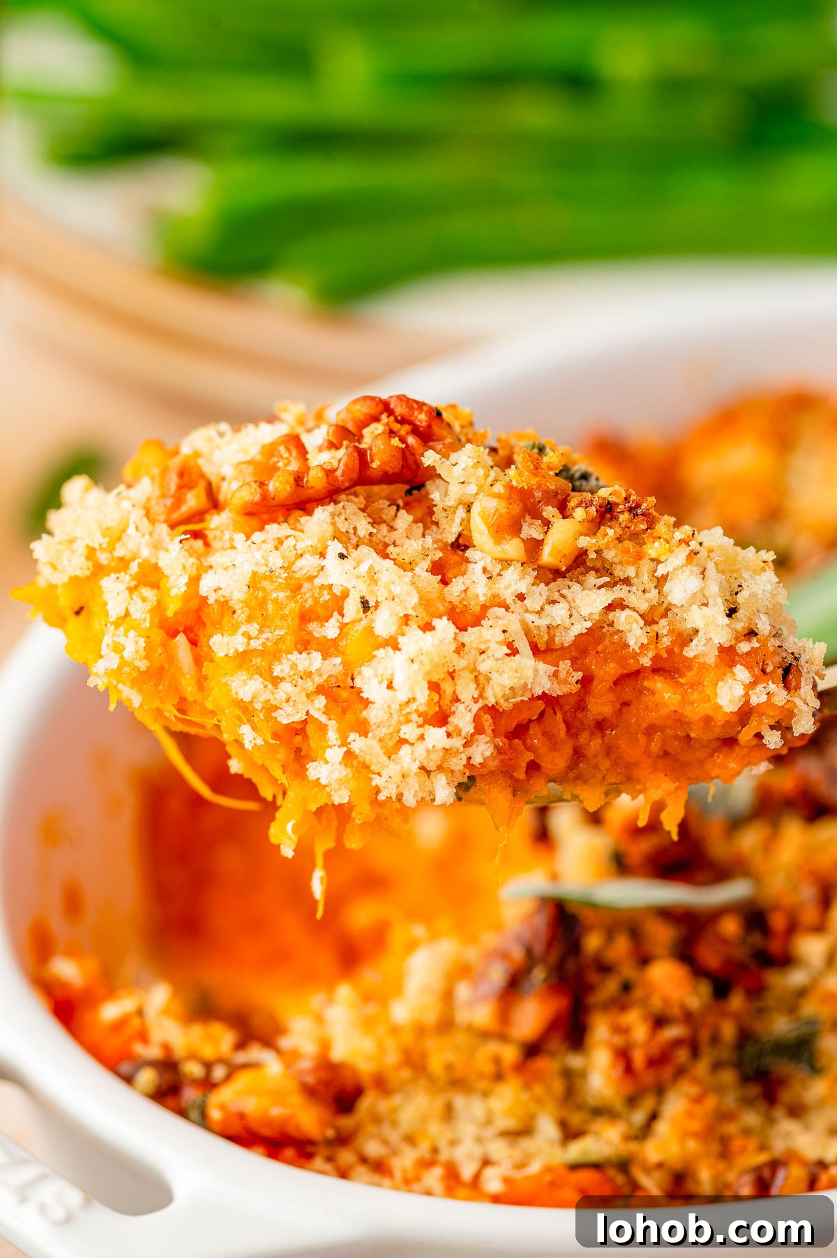 A close-up of a serving of casserole with a golden, crispy breadcrumb topping being lifted from a white dish.