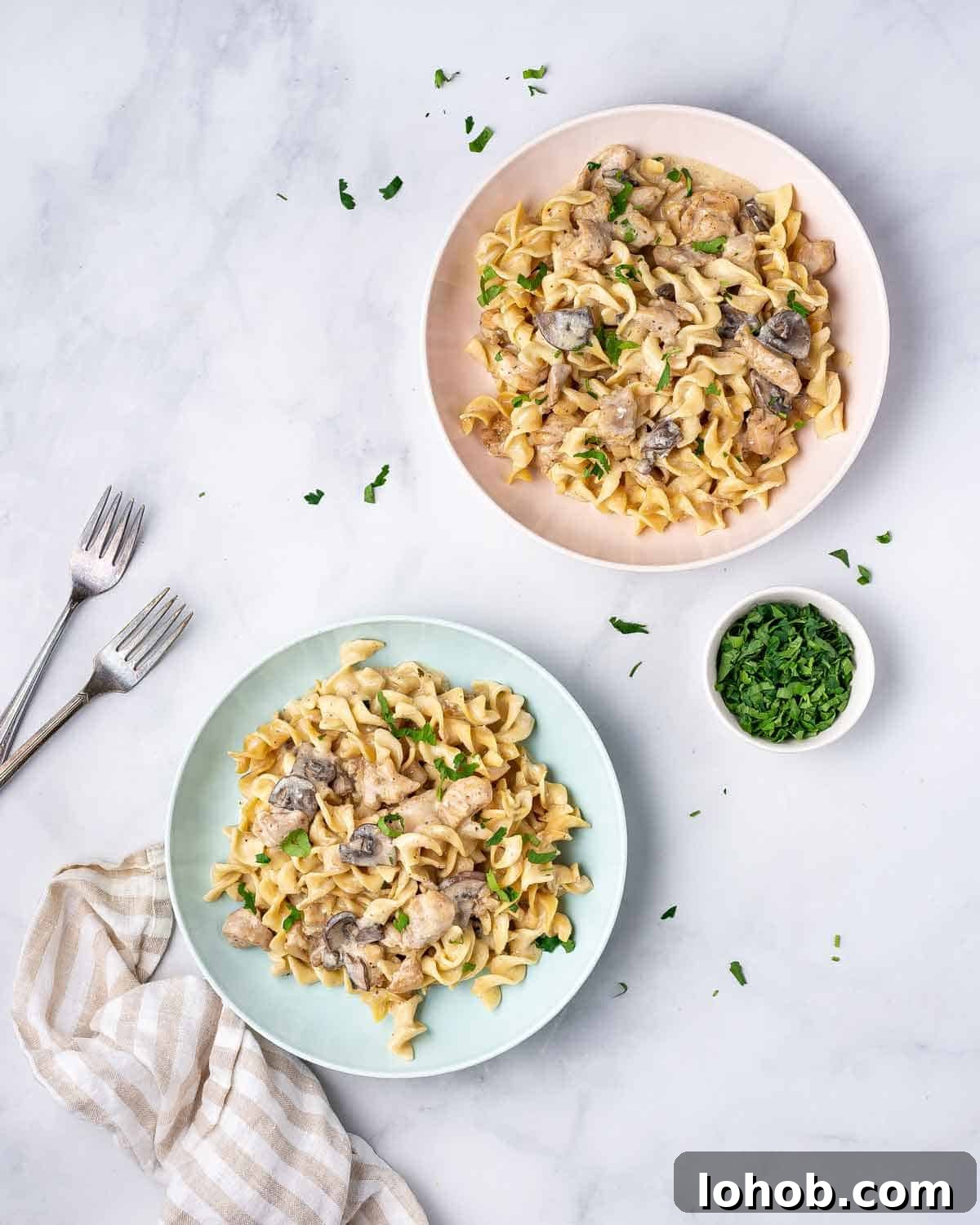 Creamy Instant Pot Chicken Stroganoff Recipe 12 Two plates of instant pot chicken stroganoff.