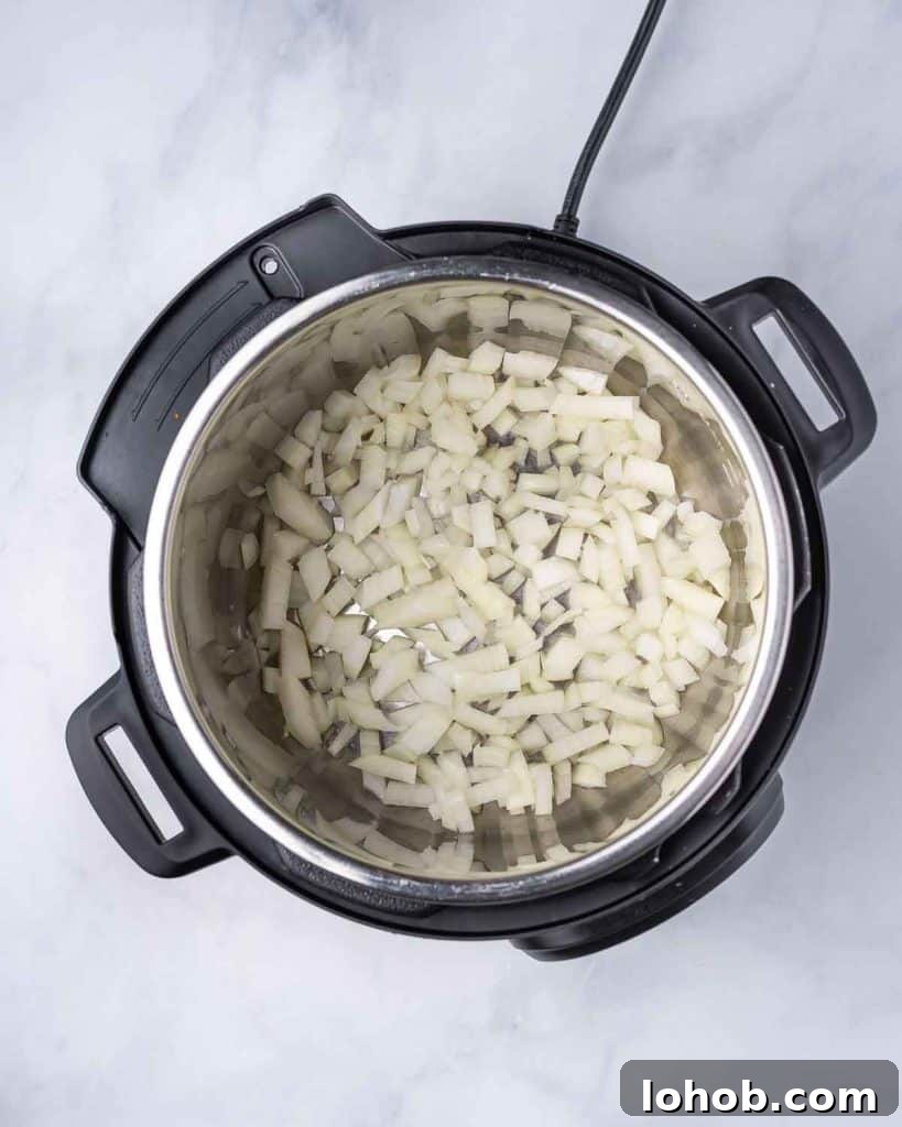 Creamy Instant Pot Chicken Stroganoff Recipe 5 Diced onions added to an instant pot.