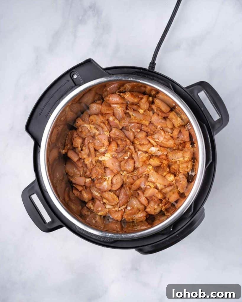 Creamy Instant Pot Chicken Stroganoff Recipe 6 Diced seasoned chicken added to the instant pot.