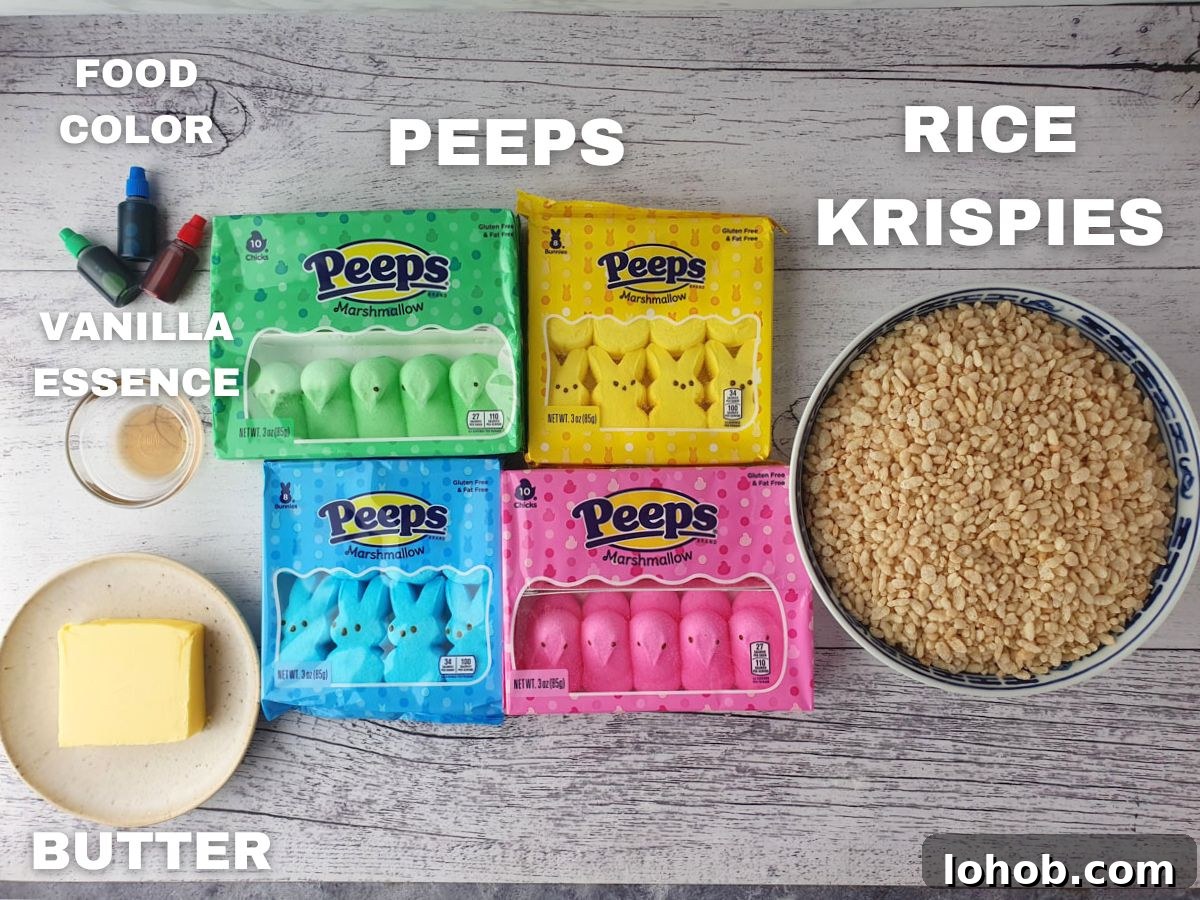 Ingredients: food color, vanilla extract, butter, 4 different colored peeps, rice krispies.