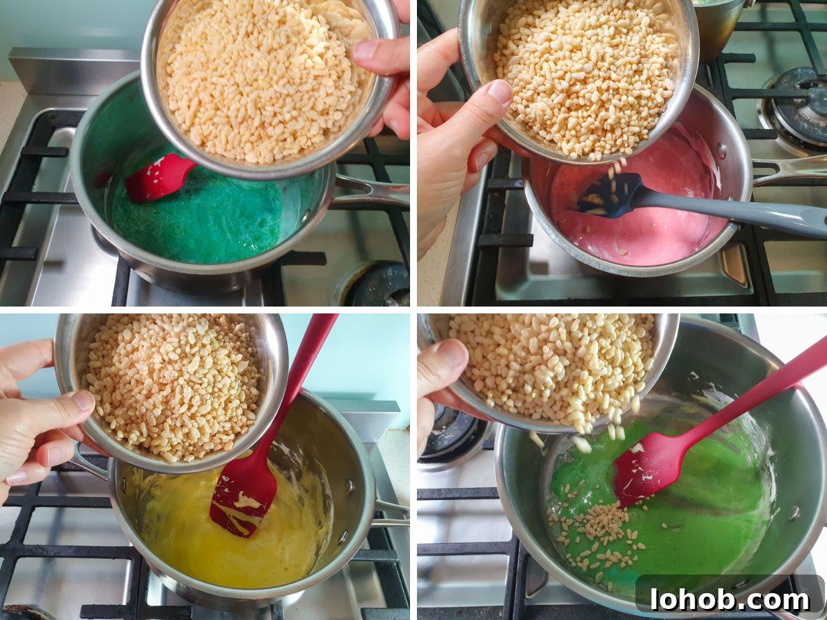 Process shots: adding rice krispies to each of the four different colored melted peeps and butter mixes.