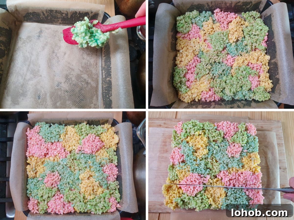 Process shots: layering spatula fulls of different colored peeps mix into a lined tin in a haphazard pattern. Adding about three vertical layers until all mixes used up.