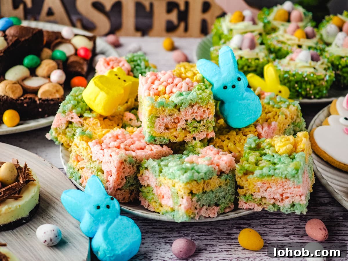 Peeps rice krispie treats on a plate with Peeps on the side, surrounded by Easter desserts and Easter decorations.