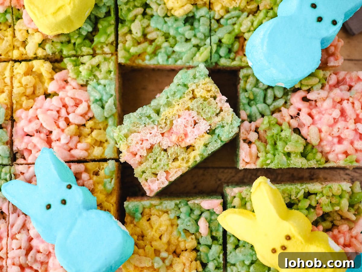 Close-up Peeps rice krispie treats with Peeps.