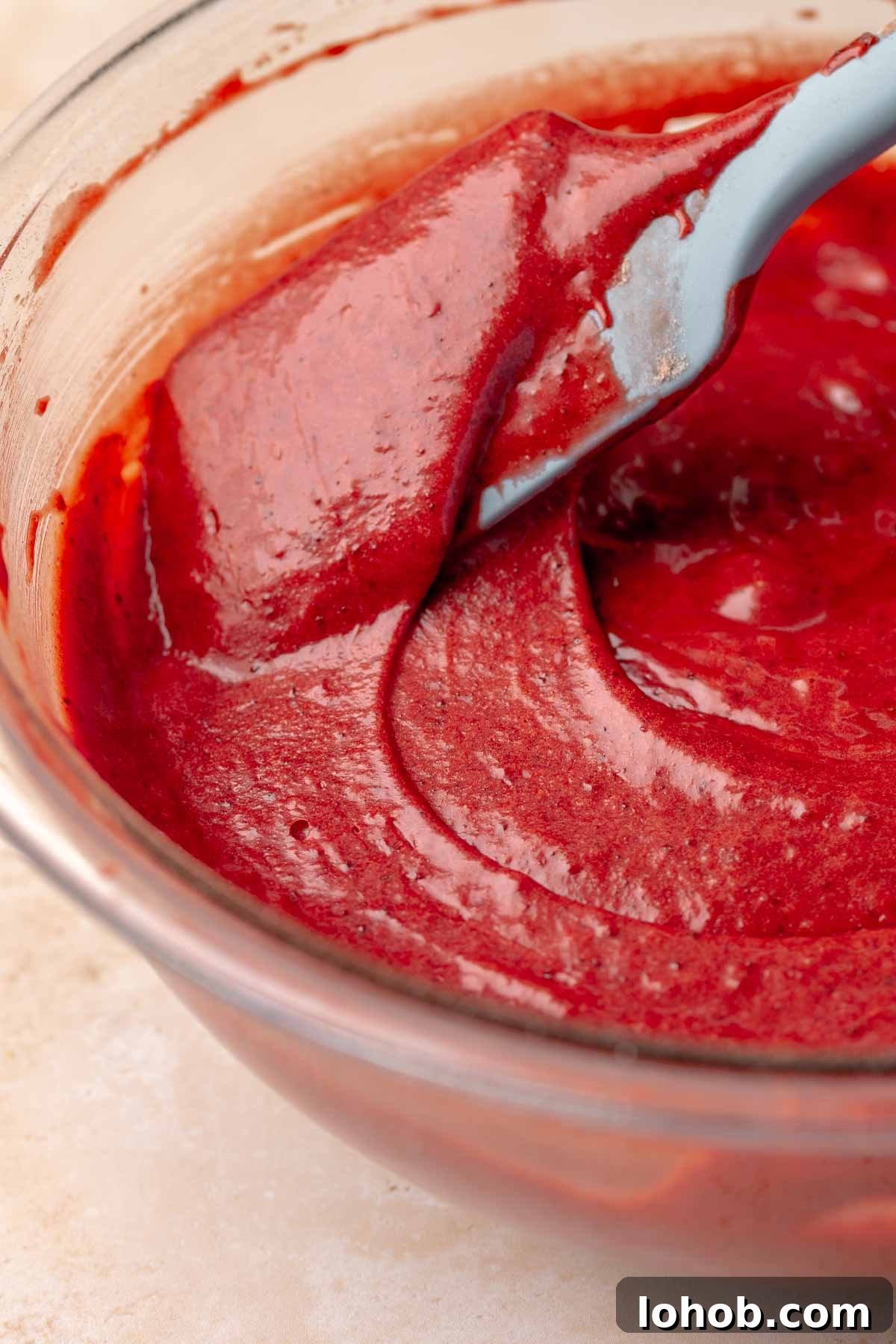 Fudgy Red Velvet Brownies with Cream Cheese Swirl 7 A rubber spatula folds together red brownie batter.
