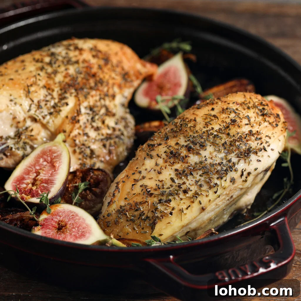 Herb-Roasted Chicken with Caramelized Figs and Balsamic Glaze 2 Roast chicken breasts seasoned with herbs in a black baking dish, garnished with fresh figs, sprigs of thyme, and served alongside herbed cheese for a delicious roasted chicken and figs with herbed cheese dish.