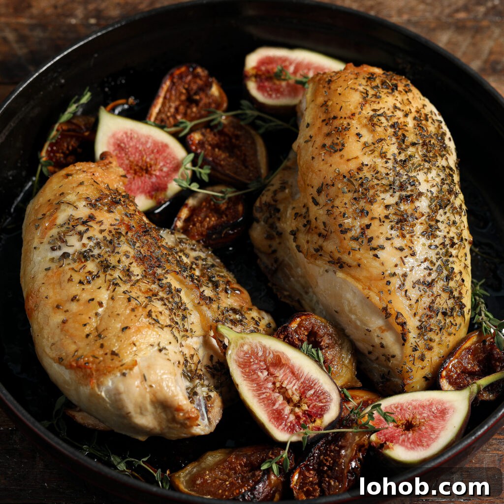 Herb-Roasted Chicken with Caramelized Figs and Balsamic Glaze 4 Two seasoned, roasted chicken breasts sit in a black pan, garnished with fresh figs, fig halves, and sprigs of herbs—an inviting spread inspired by roasted chicken and figs with herbed cheese on a rustic wooden surface.