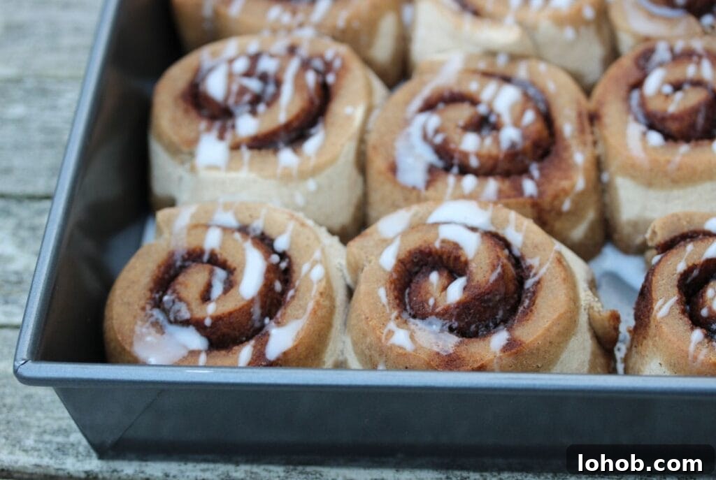 Gluten-Free Vegan Cinnamon Rolls Without Refined Sugar 4 Fresh cinnamon rolls in their tray