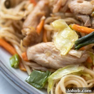 A plate of chicken chow mein with cabbage, green onions, carrots and bean sprouts