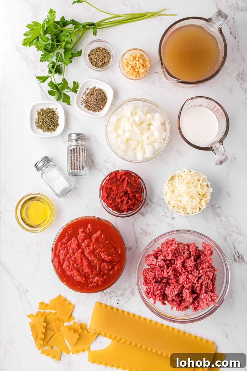 Hearty Lasagna Soup Recipe: Comforting One-Pot Dinner 3 ingredients for the lasagna soup.