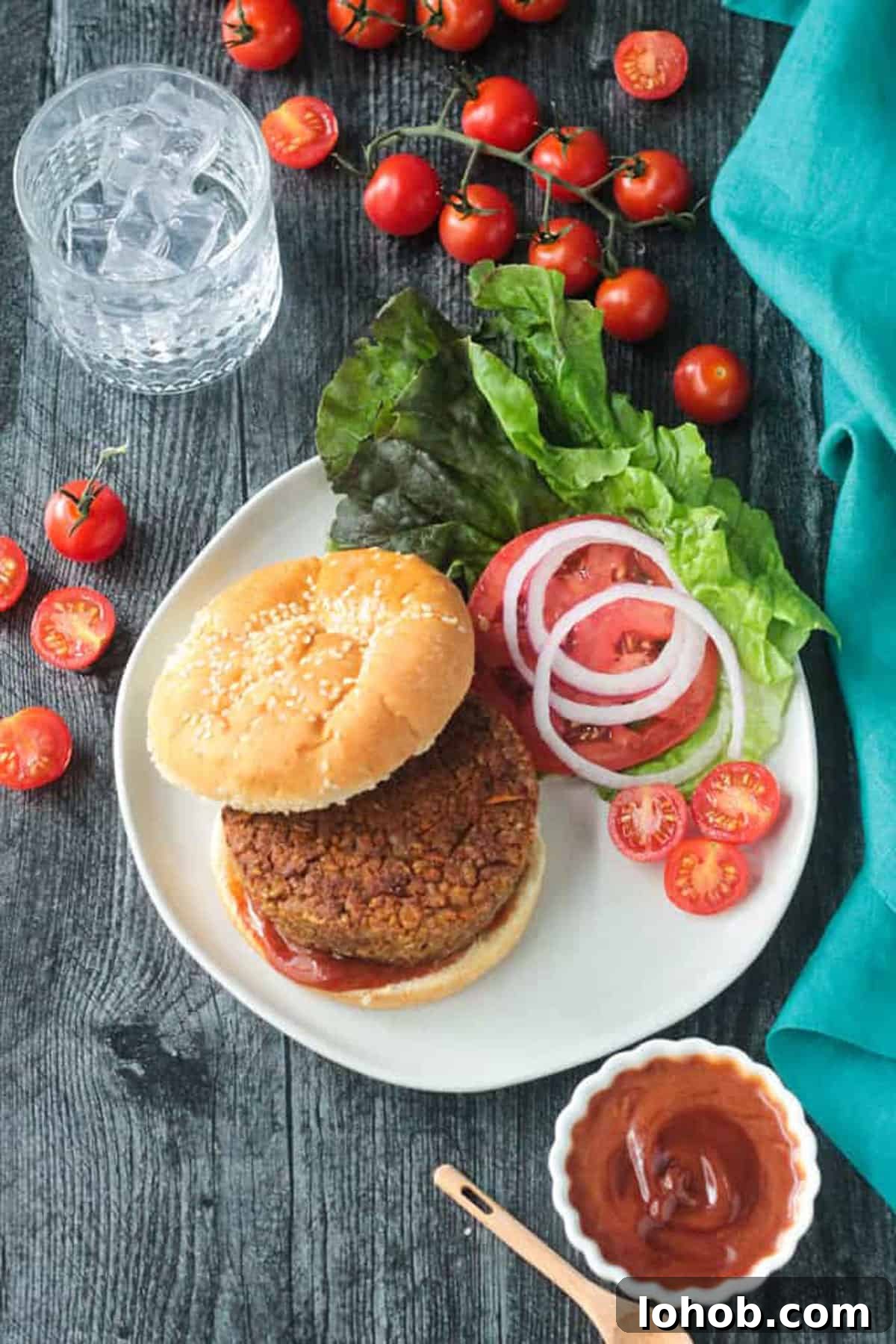 Savory Chickpea Veggie Burger Recipe for Juicy Plant-Based Patties 4 Homemade veggie burger on a plate with garnishes.
