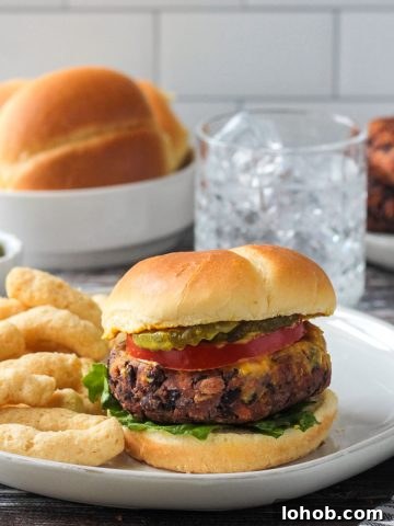 Spicy Bean Burger on a bun with toppings next to chips.
