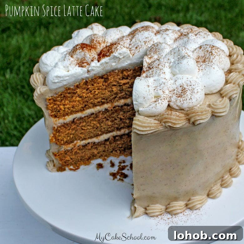 A Favorite for Fall! This homemade Pumpkin Spice Latte Cake is an amazing blend of pumpkin, spices, and espresso! Moist and Delicious Pumpkin Spice Latte Cake by MyCakeSchool.com! The perfect blend of pumpkin, spices, and espresso!