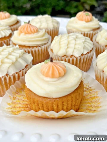 Platter of Pumpkin Cupcakes, frosted with cream cheese frosting and decorative piping.