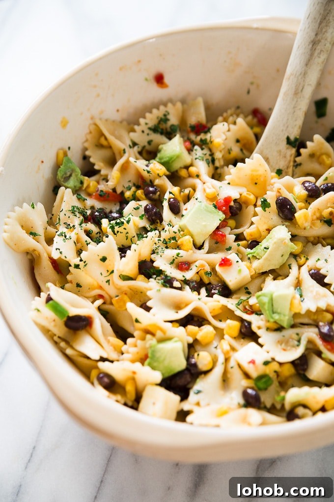 Southwest Pasta Salad in a bowl on a counter top.