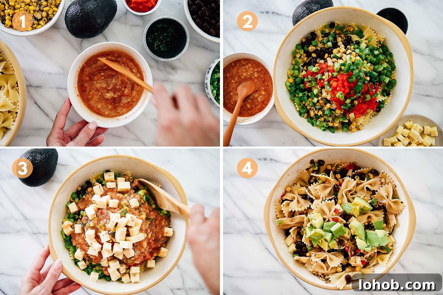 Step by step instructions for making southwest pasta salad.