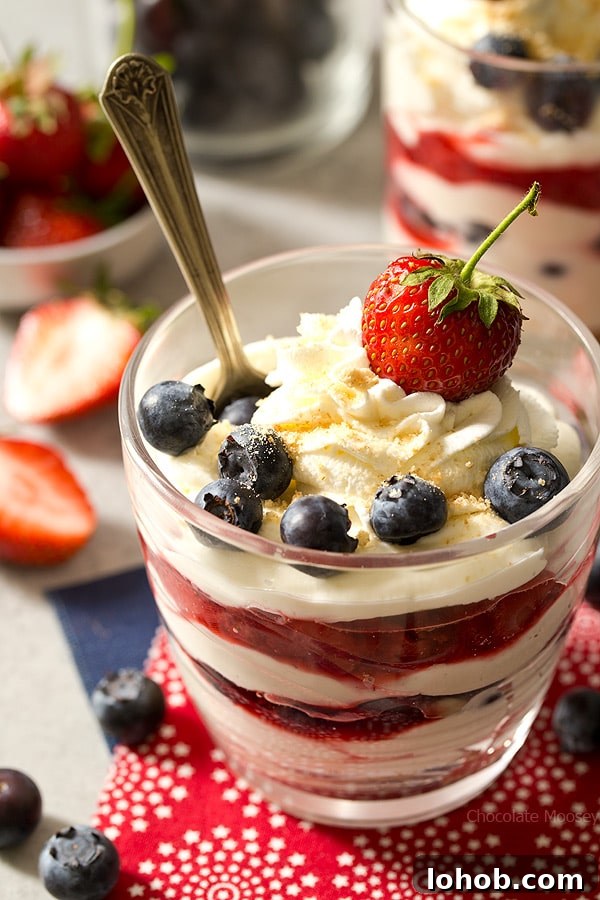 No Bake Cheesecake Cups with strawberries and blueberries