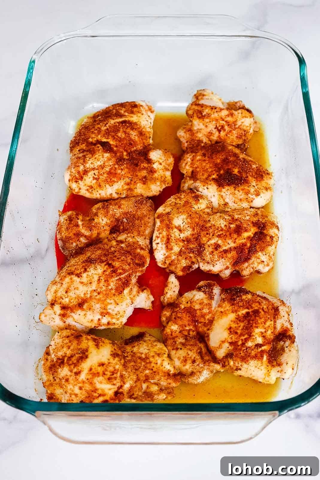 Crispy Oven-Baked BBQ Boneless Chicken Thighs 5 Seasoned chicken thighs placed in a glass dish with liquid pooling underneath, ready for the oven.