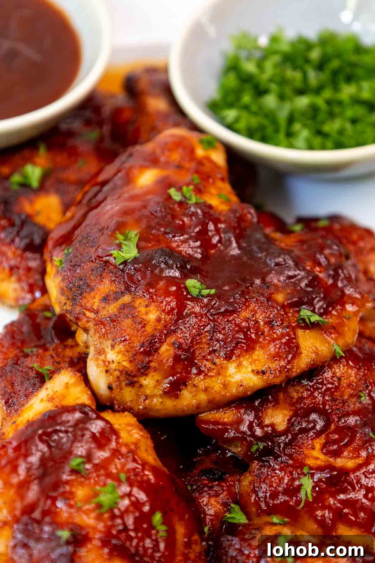 Crispy Oven-Baked BBQ Boneless Chicken Thighs 8 Pile of juicy oven baked BBQ boneless chicken thighs on a serving platter garnished with chopped parsley.