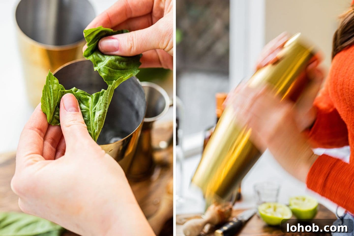 adding basil leaves and shaking the drink in a golden cocktail shaker