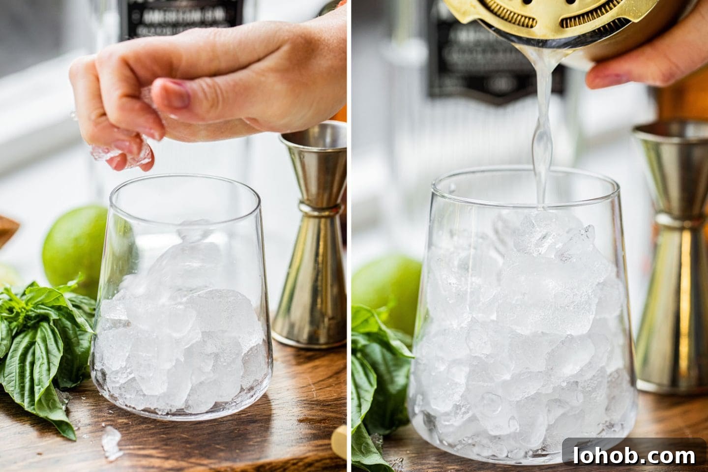 adding ice to a glass and then straining the drink into it