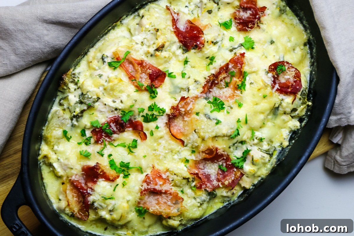 Spinach, Chicken & Artichoke Casserole Recipe with Light Cream Sauce 11 spinach artichoke chicken casserole with prosciutto on top.