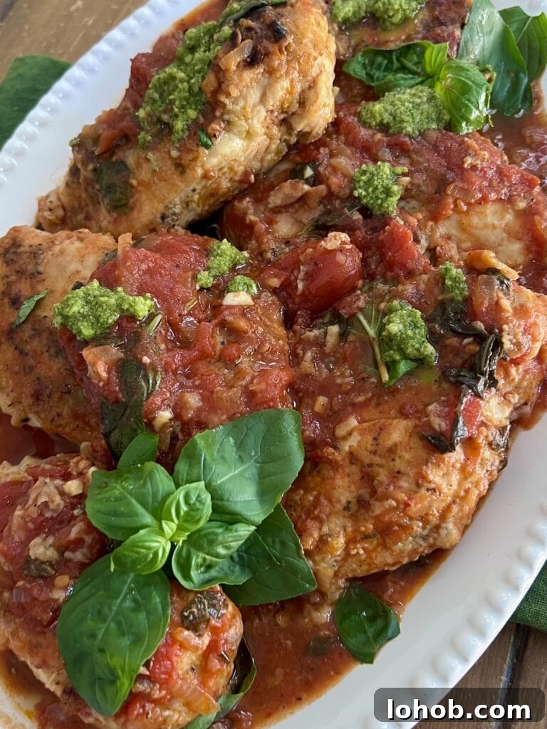 One-Pan Chicken Pomodoro Recipe for Quick Weeknight Dinners 2 Platter of chicken pomodoro with basil and pesto garnish.