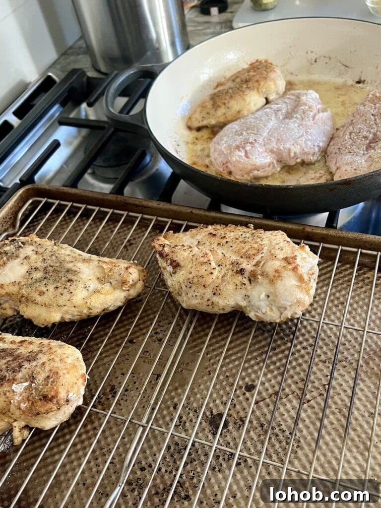 One-Pan Chicken Pomodoro Recipe for Quick Weeknight Dinners 13 Browned chicken for chicken with tomatoes recipe on baking rack after being seared.