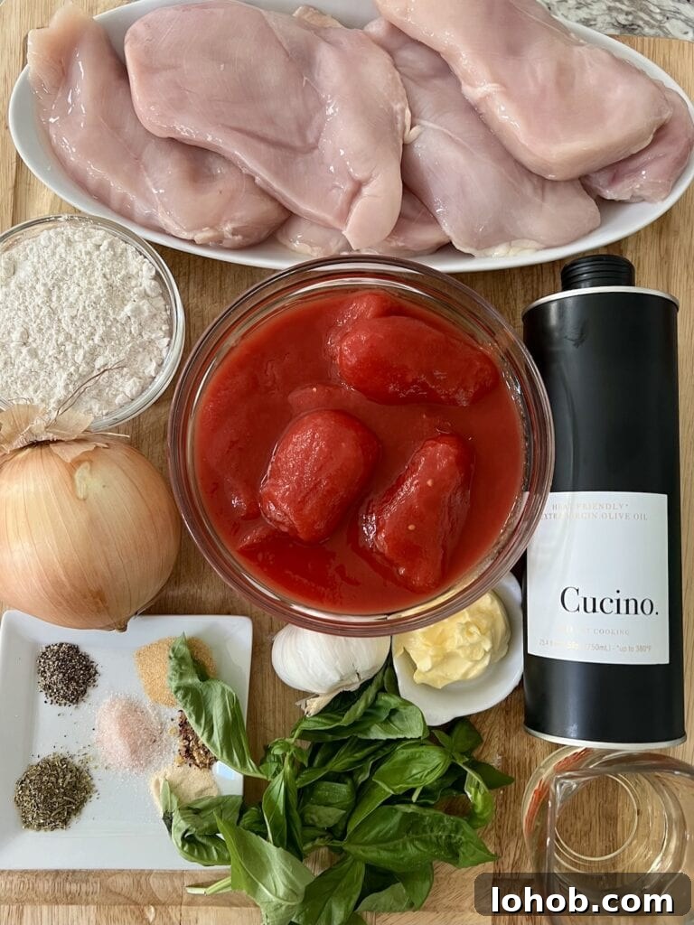 One-Pan Chicken Pomodoro Recipe for Quick Weeknight Dinners 4 All ingredients for Easy Chicken Pomodoro recipe on cutting board.