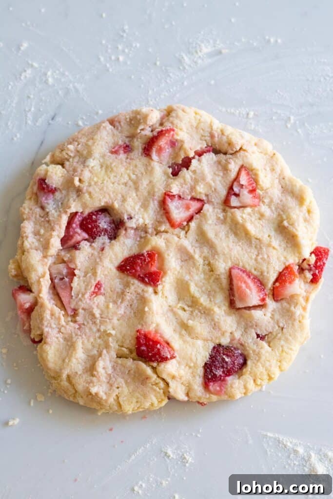 Strawberry Cream Scones with Vanilla Glaze 6 strawberry scone dough rolled into a circle