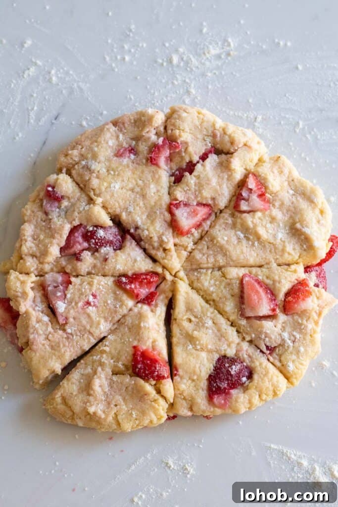 Strawberry Cream Scones with Vanilla Glaze 7 Scone dough cut into 8 pieces