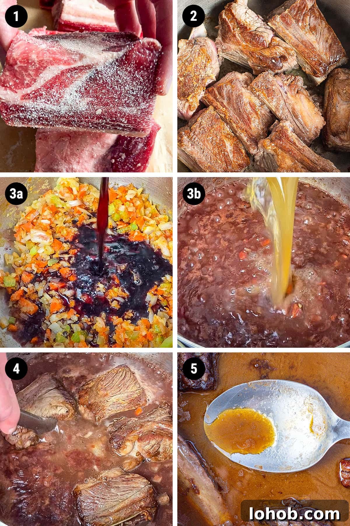 Red Wine–Braised Short Ribs with Creamy Mashed Potatoes 4 Step by step collage of how to make red wine braised short ribs served over mashed potatoes.