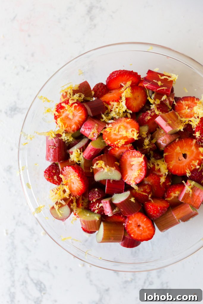 Strawberry Rhubarb Coffee Cake Recipe with Crumb Topping 8 Strawberry Rhubarb and lemon coffee cake filling