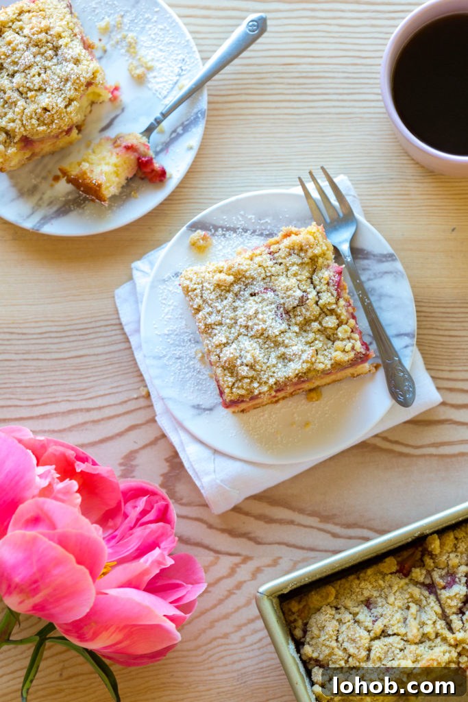 Strawberry Rhubarb Coffee Cake Recipe with Crumb Topping 17 Strawberry Rhubarb Coffee Cake slices